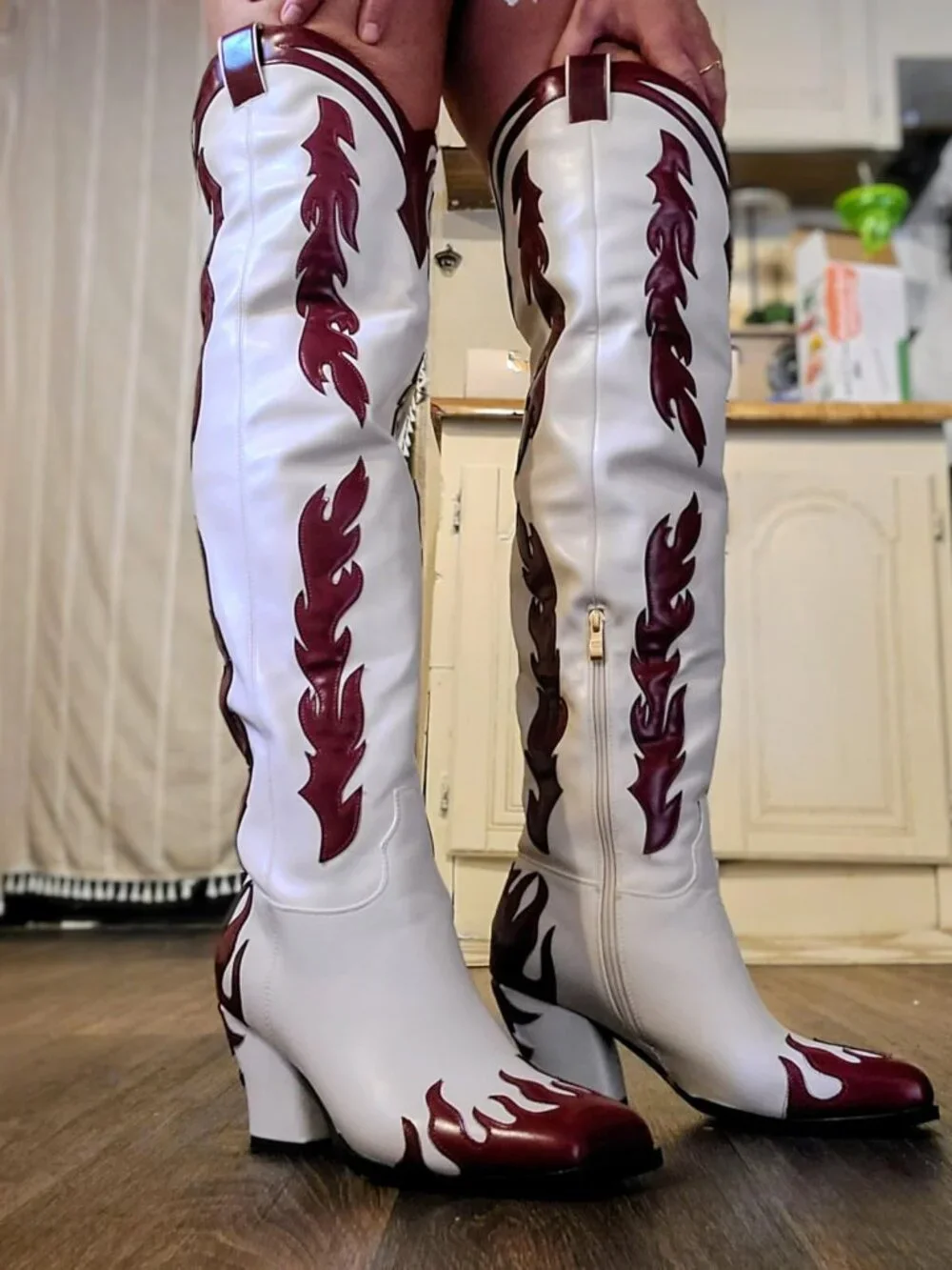 Women’s Red White Over The Knee Cowboy Boots Pull On Pointed Toe Chunky Heel